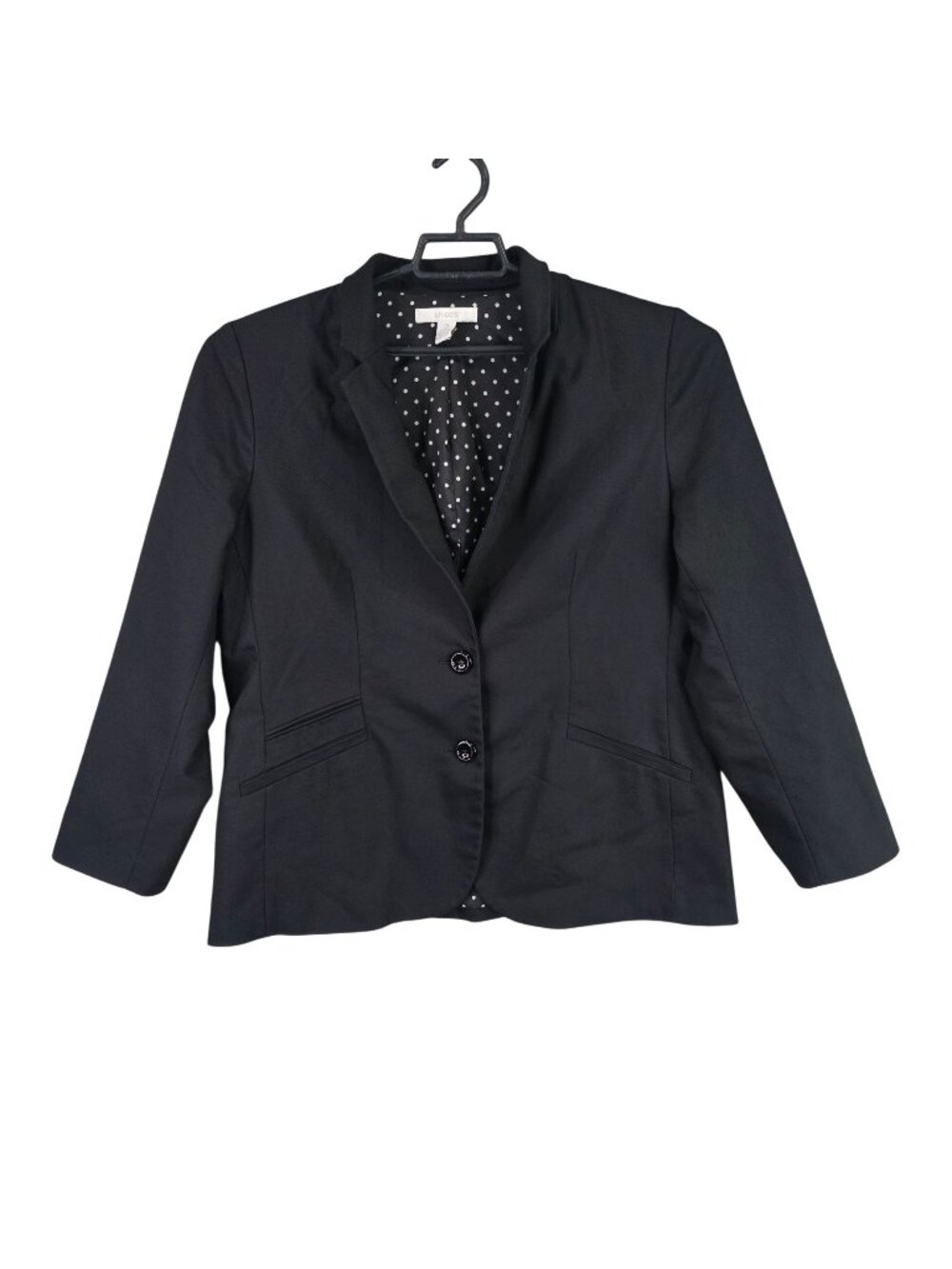 Women Chico's Black Blazer Two Button Classic Workwear Black Polka Dot Lining 2